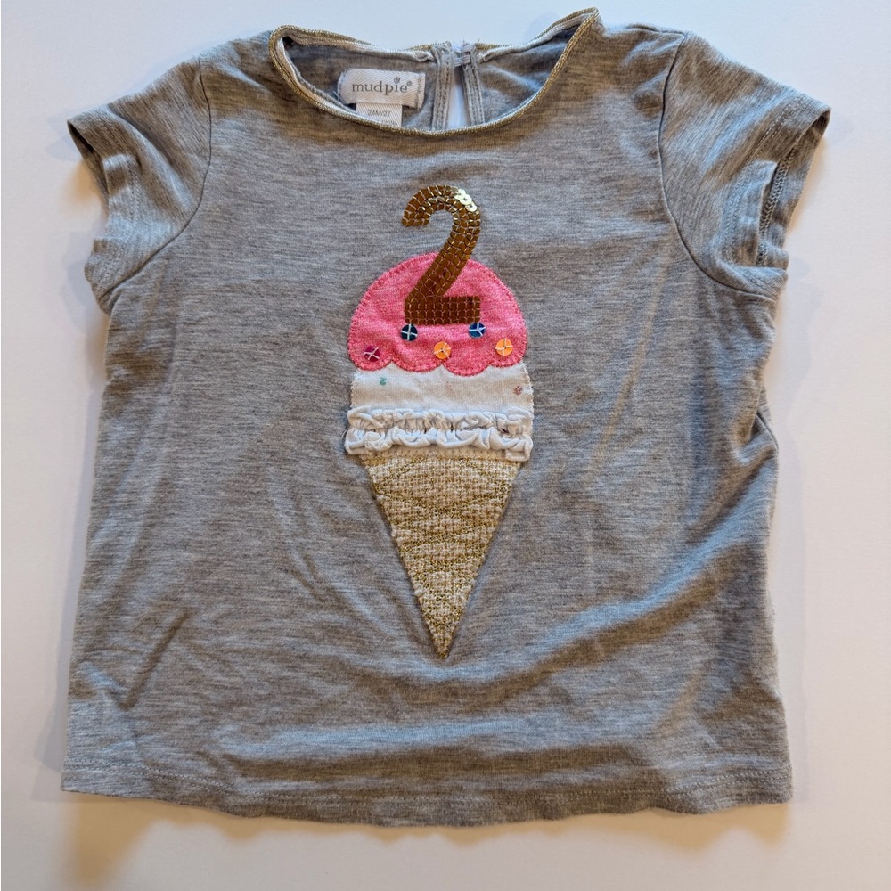 Mud Pie Gray #2 Birthday Tee with Pink Ice Cream, 24m/2T